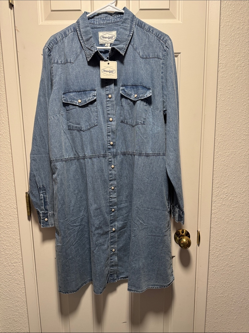 Threadgrit Light Blue Denim Shirt Dress with Pearl Snaps XL